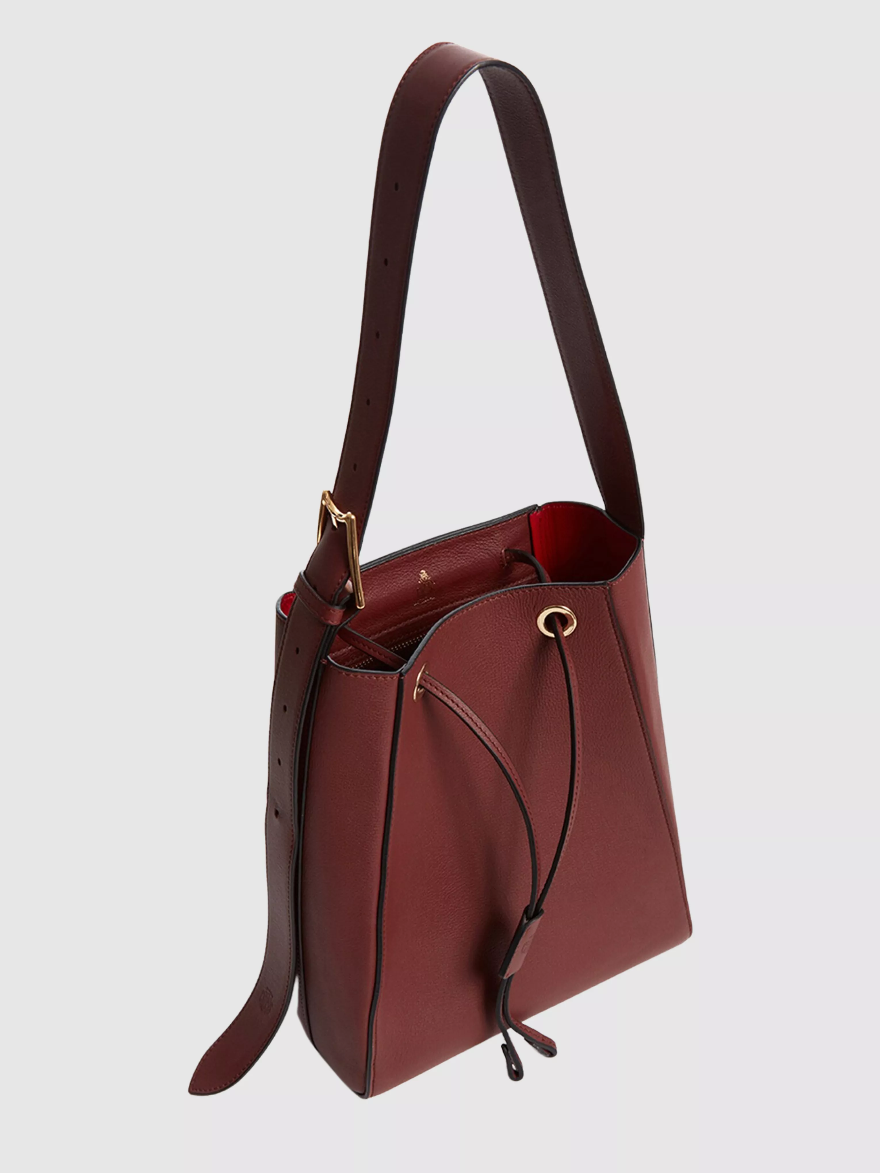 Pyramid Red Smooth Calf Bucket Bag with Adjustable Strap