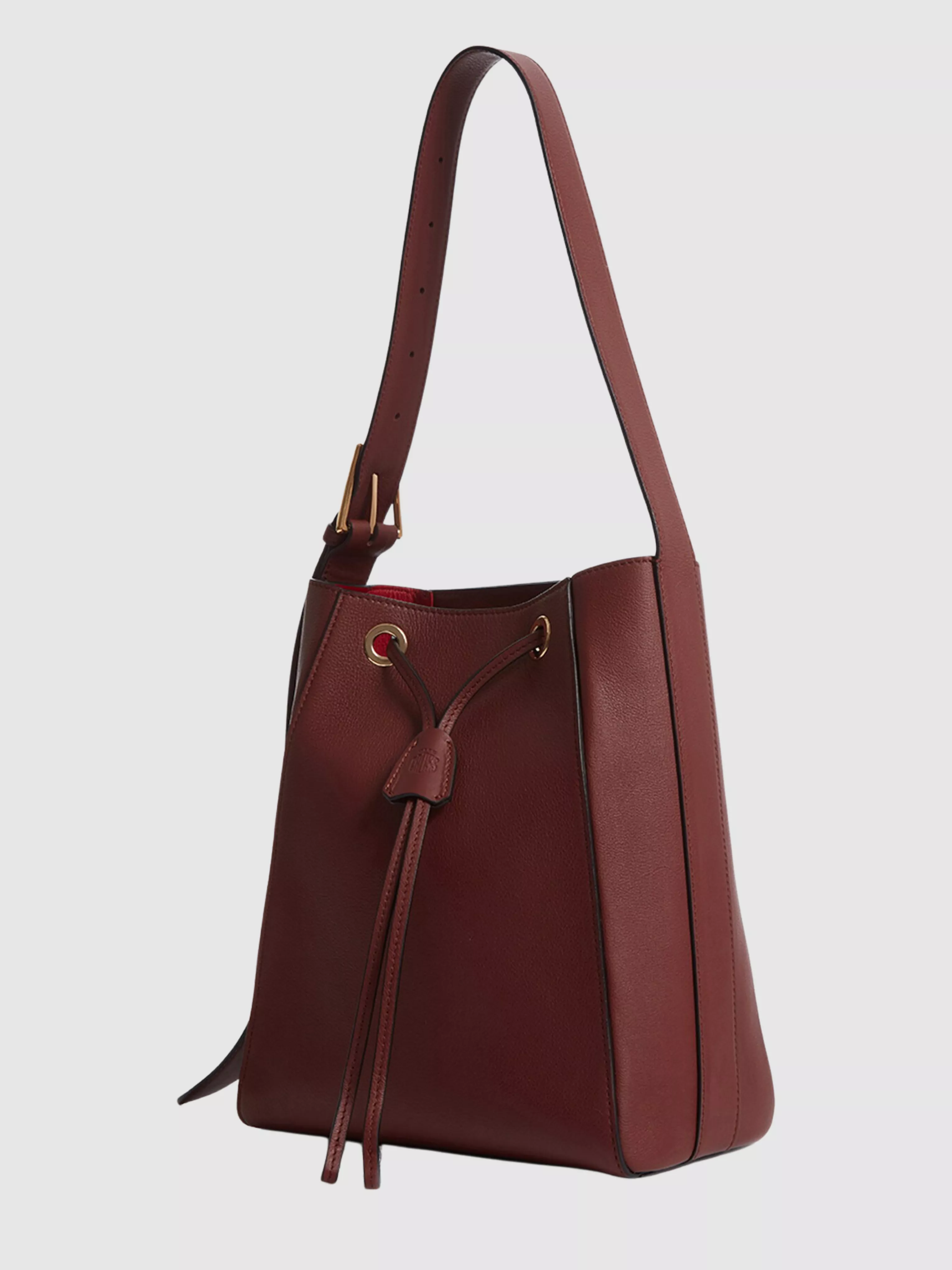 Pyramid Red Smooth Calf Bucket Bag with Adjustable Strap