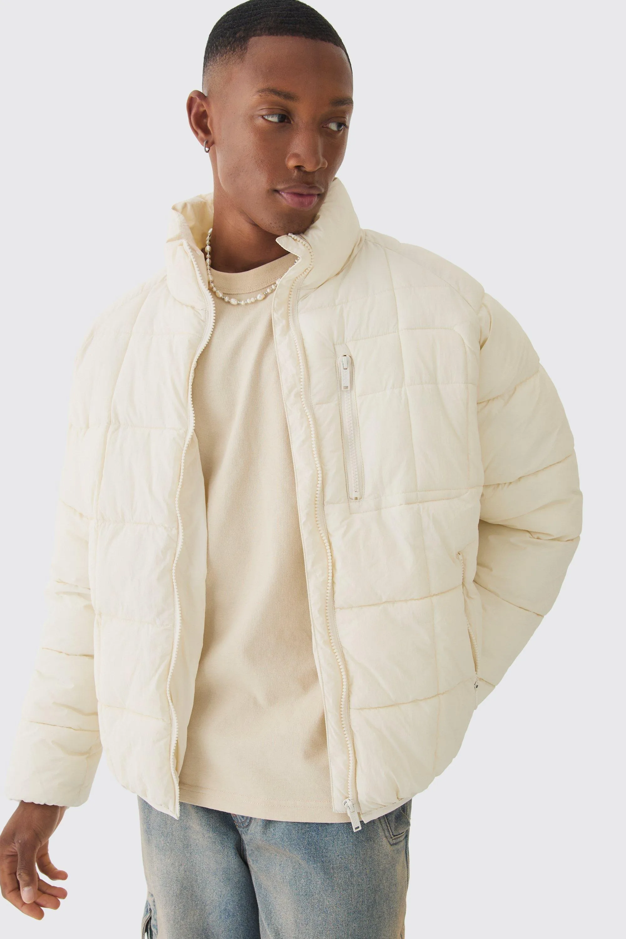 Quilted Funnel Neck Puffer Coat In Ecru