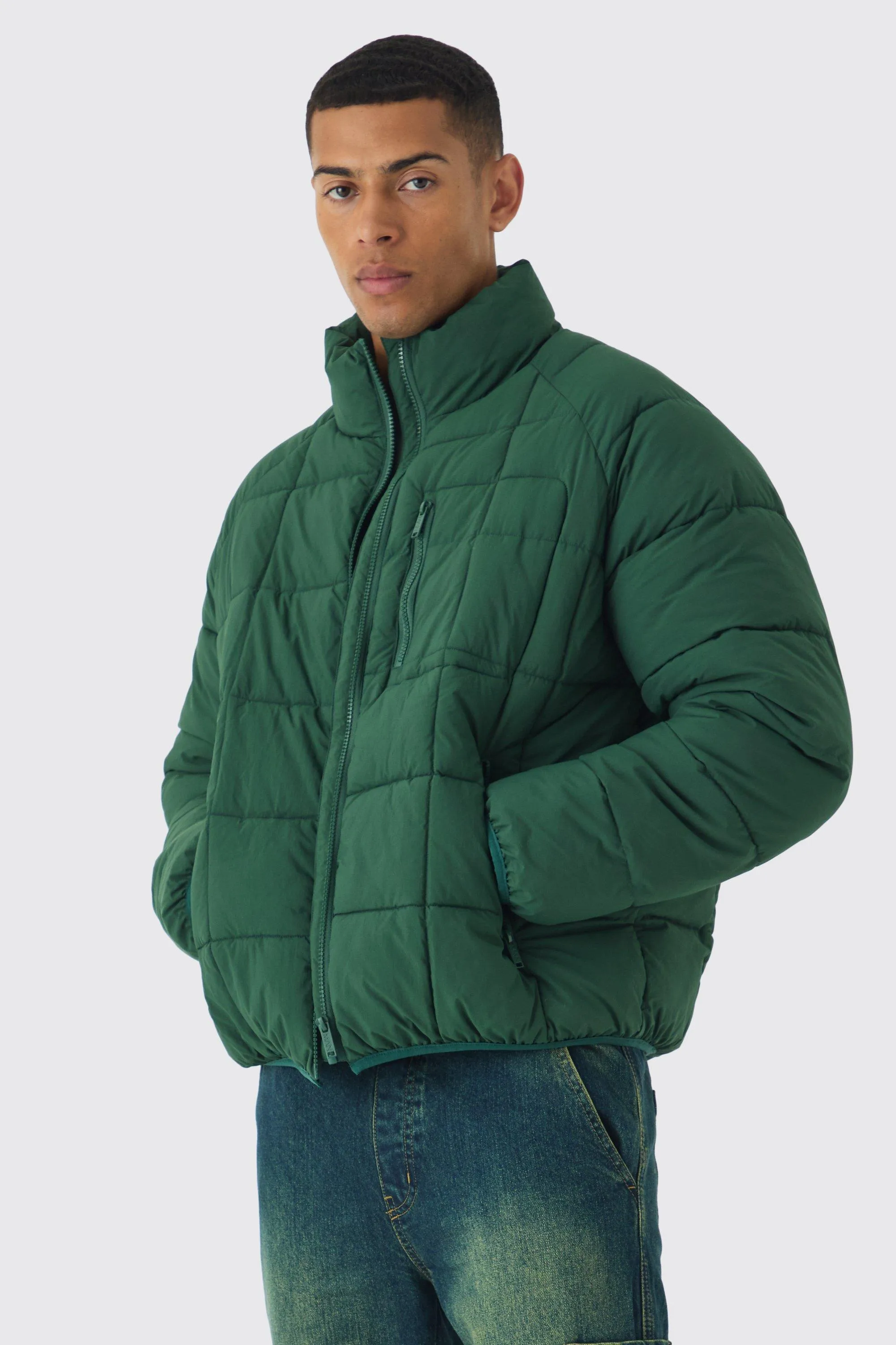 Quilted Funnel Neck Puffer Coat In Green