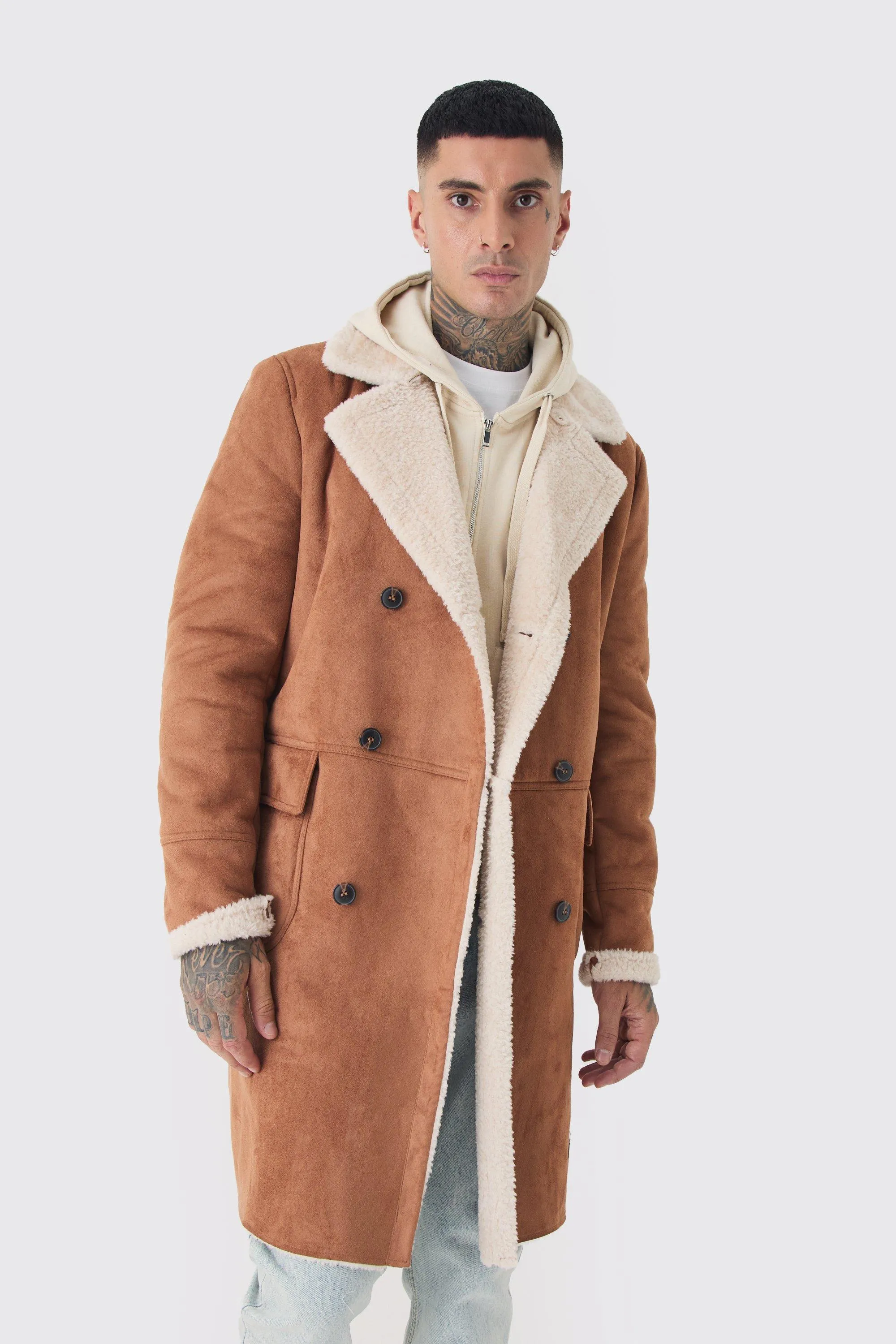 Tall Borg Lined Double Breasted Overcoat in Tan