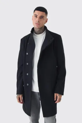 Tall Funnel Neck Wool Look Overcoat in Black