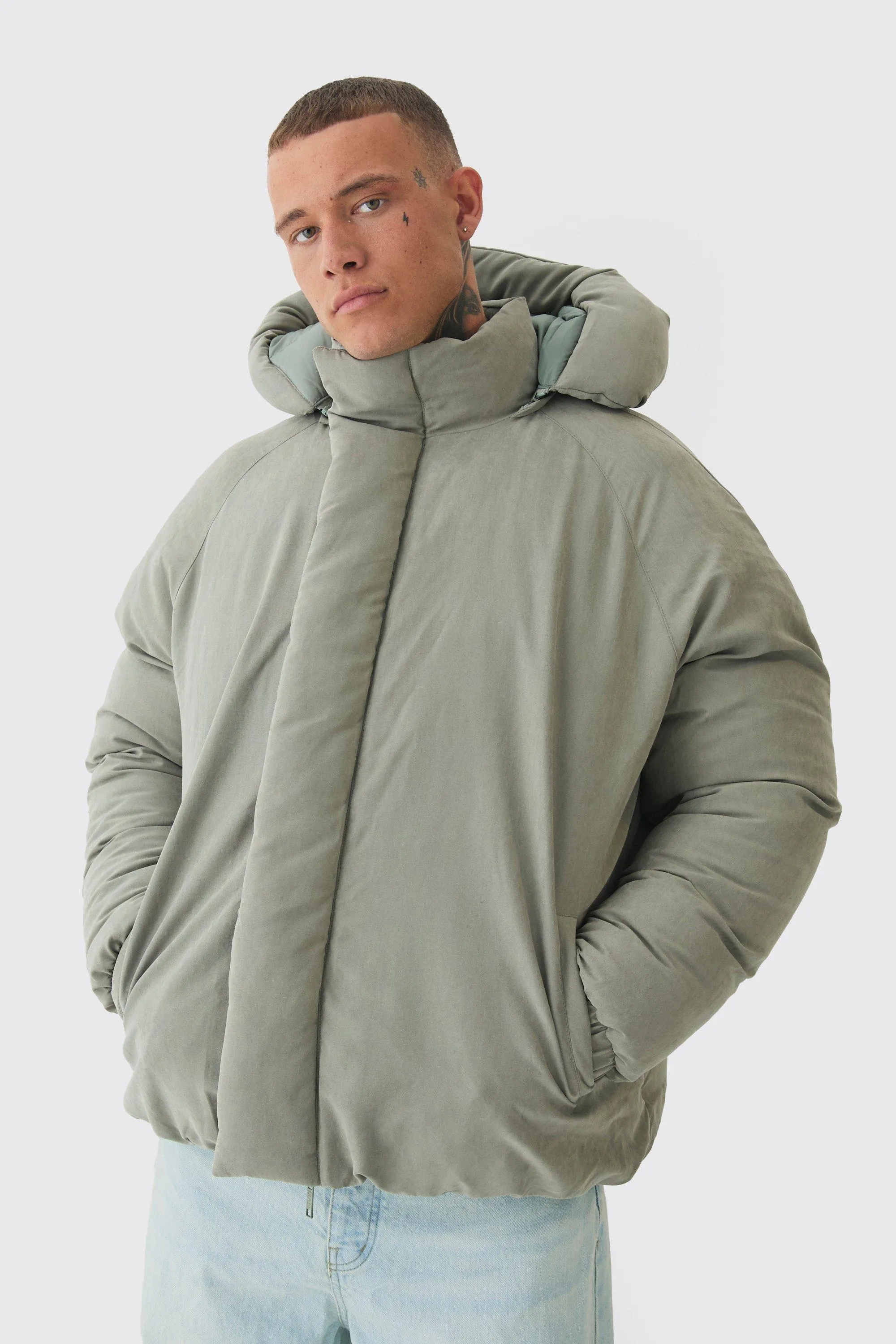 Tall Man Extreme Heavy Padded Hooded Puffer Coat In Stone