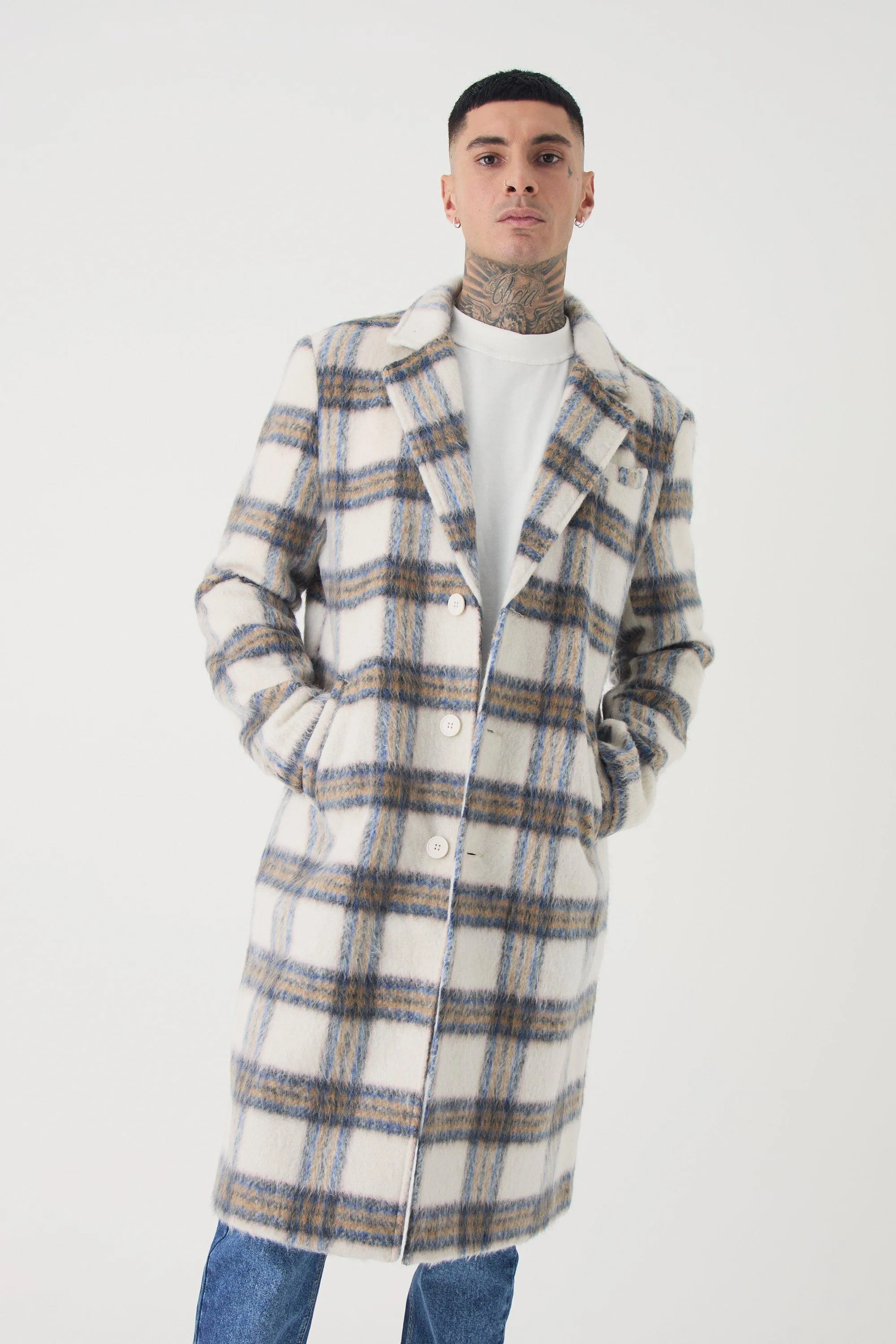 Tall Oversized Brushed Check Overcoat In Ecru