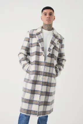 Tall Oversized Brushed Check Overcoat In Ecru