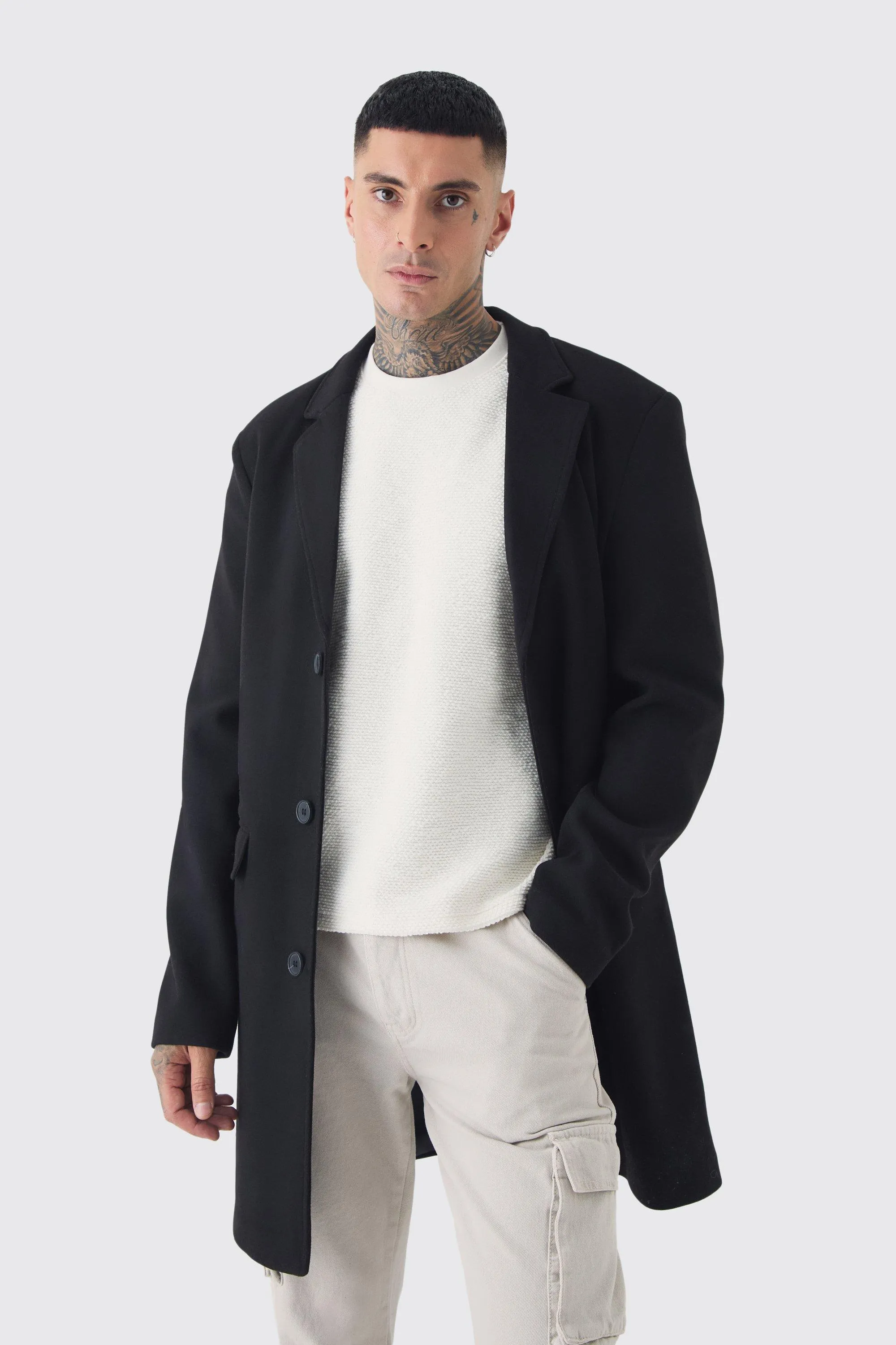 Tall Single Breasted Wool Look Overcoat in Black