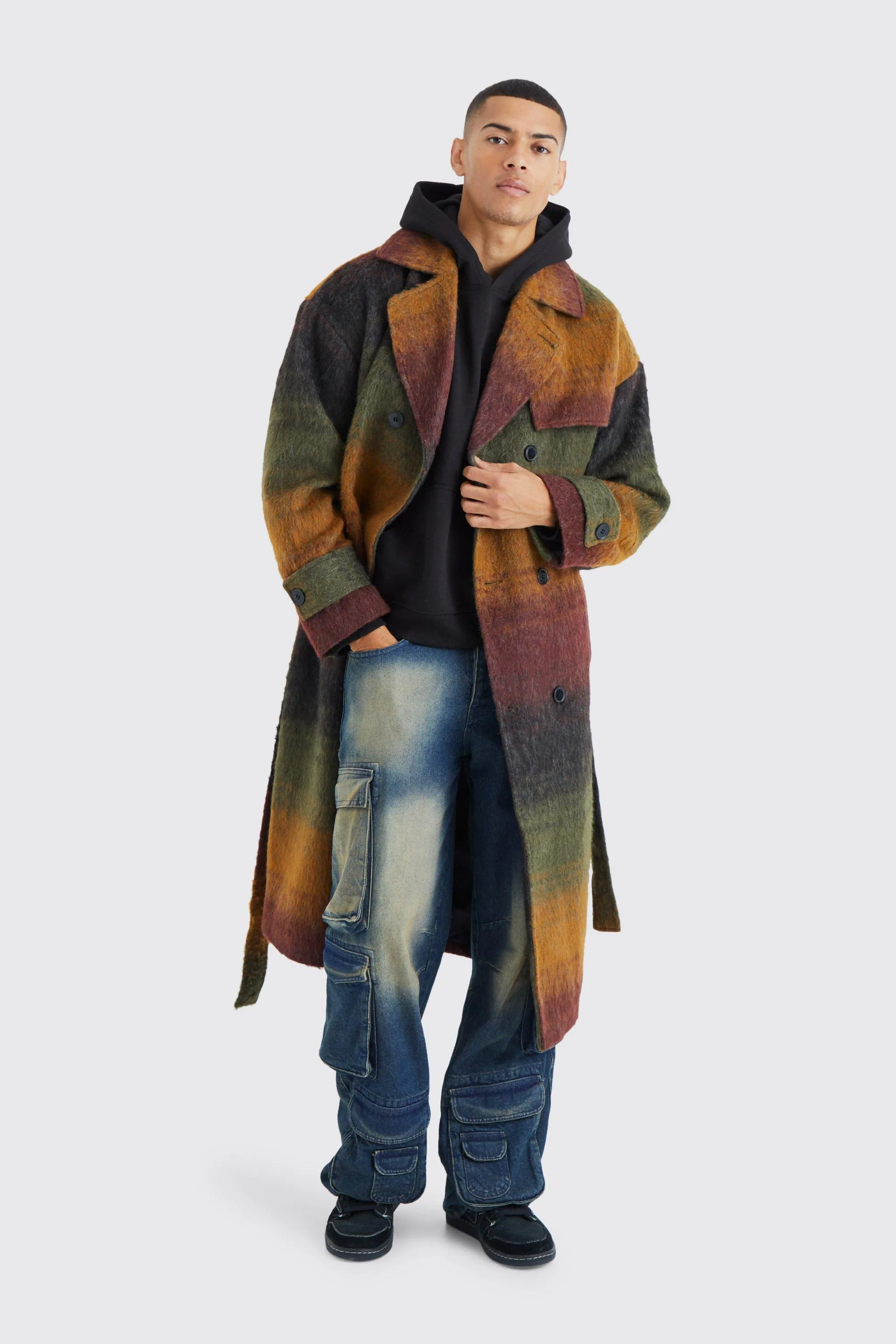 Wool Look Ombre Long Overcoat With Belt