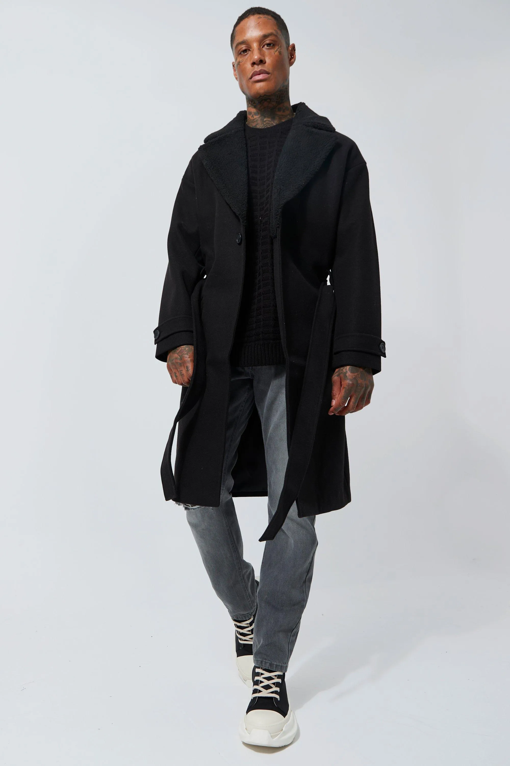 Wool Look Overcoat With Borg Collar