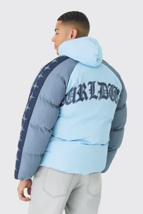 Worldwide Hooded Colour Block Puffer Coat In Blue